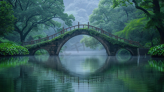 一座拱桥绿树成荫摄影照片