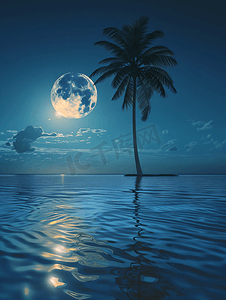 原始人png摄影照片_海景和棕榈树在晚上满月在天空月亮原始来源来自美国宇航局