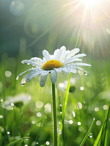 绿色草地上美丽的新鲜雏菊花与水滴