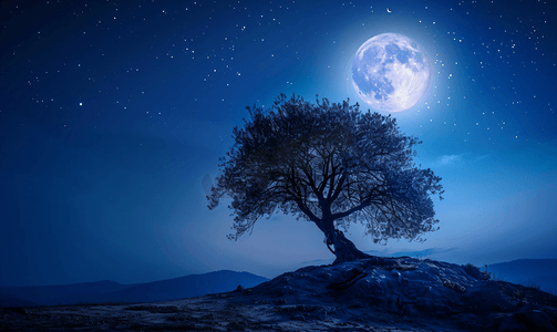 魔法使之夜摄影照片_月光夜背景中的树