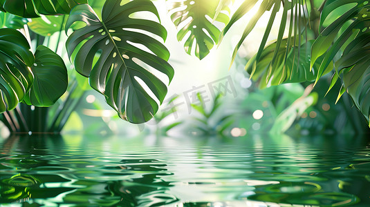 水上的热带树叶背景图片