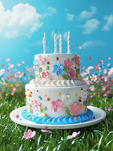 双层白色粉蓝色生日蛋糕摄影图