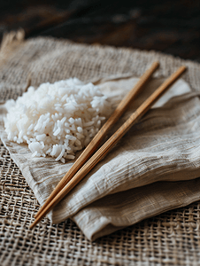 用筷子把煮熟的米饭放在麻袋里
