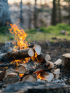 周末度假烧烤时用木头生火