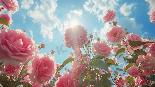 蓝天白云粉色花朵摄影照片