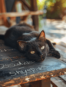 黑猫躺在黑板上阳台上的宠物黑头发的猫