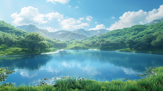 夏天绿色水库湖泊摄影图