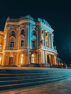 街道文化摄影照片_敖德萨歌剧院的夜景