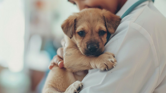 兽医抱着可爱小狗高清摄影图