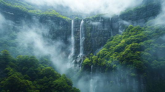 山脉雾气瀑布自然摄影照片