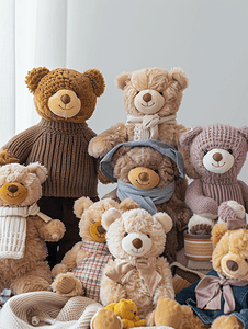 儿童动物背景摄影照片_一群毛茸茸的毛绒熊玩具穿着各种衣服泰迪熊毛绒动物