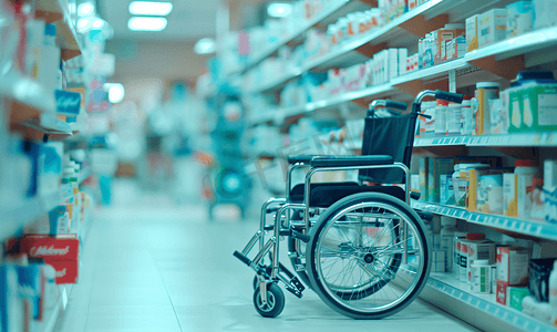 药店货架上有轮椅和助行器背景模糊