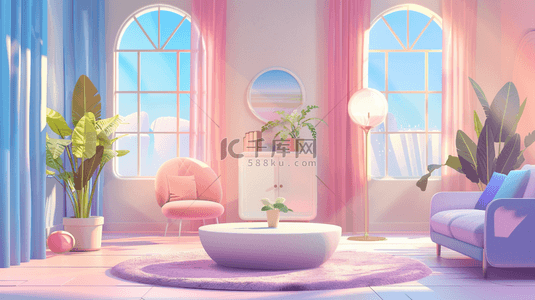 直播间界面素材背景图片_618粉彩温馨家居直播间背景