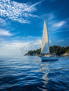 蓝色月亮手绘摄影照片_蓝色亚得里亚海中的白色风帆游艇