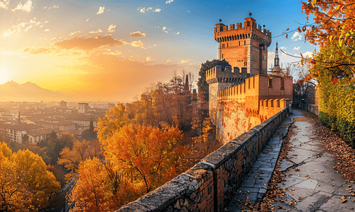 秋季日出时分意大利都灵户外全景欣赏都灵瓦伦蒂诺城堡的美景