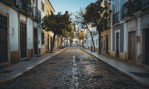 欧洲杯标志摄影照片_葡萄牙法鲁空荡荡的街道