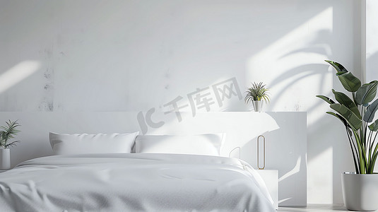 卧室白色整洁床具摄影照片