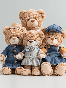 欢乐童年背景摄影照片_一群毛茸茸的毛绒熊玩具穿着各种衣服泰迪熊毛绒动物