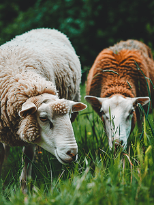 农村动物摄影照片_家养的白羊和棕羊在草地上吃绿草农场的牛在牧场上吃草