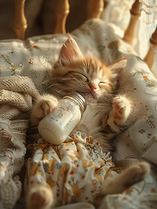 小猫抱着奶瓶睡觉高清摄影图