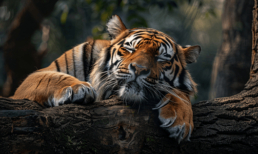 黑色卡通背景摄影照片_一只老虎躺在树干上舔着爪子