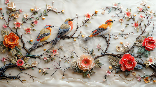 小鸟花朵枝条雕塑摄影照片