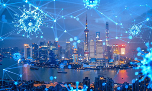国际商务背景摄影照片_上海天际线上的冠状病毒警告标志和全球网络图