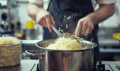 大鹅炖酸菜摄影照片_厨师把酸菜从锅里移到平底锅里