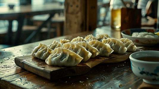 厨房板子上的饺子高清摄影图