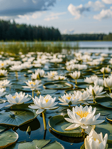 上水摄影照片_瑞典小地睡莲田的一个湖上水中开着白花