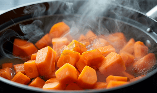 x展架橙色摄影照片_少量切碎的胡萝卜放在沸腾的锅上的图像