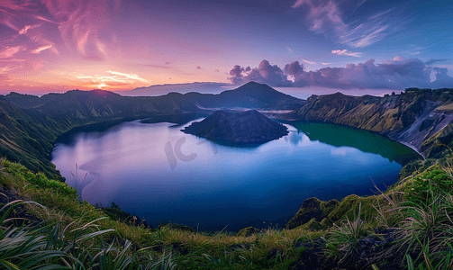 月傍晚火山口的凯里德湖