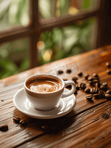 自制饮料摄影照片_早晨自制的浓缩咖啡在木桌上有深色豆子