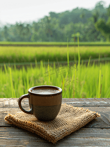 春天田野阳光摄影照片_木桌和稻田背景上有棕色黄麻的咖啡杯