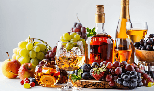 丰盛logo摄影照片_丰盛的自助餐威士忌波本香槟葡萄酒和水果