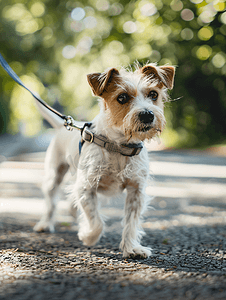 阳光小家摄影照片_小型犬在散步夏季小型犬用皮带遛宠物