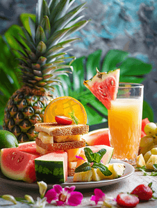 橙汁海报免费摄影照片_新鲜早餐菠萝西瓜橙汁吐司泰国普吉岛