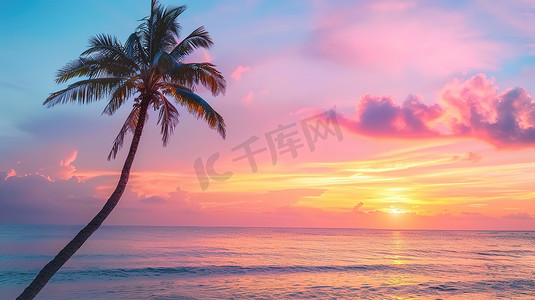 热带海滩上美丽日落摄影配图