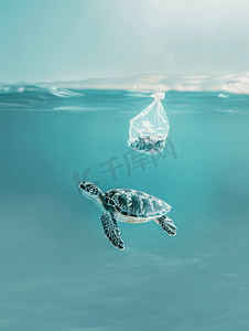海龟吃塑料袋海洋污染概念