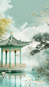 传统促销背景图片_国风传统节日端午节园林山水空镜背景