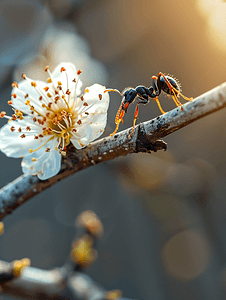 树枝上一只黑蚂蚁盛开的白花的宏观照片