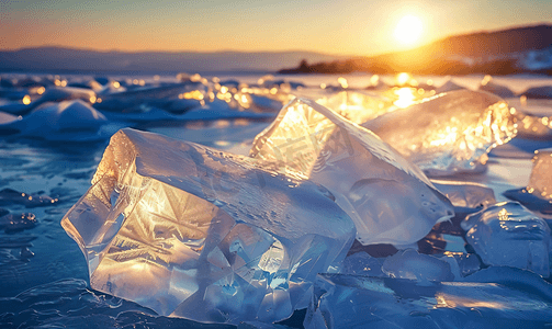 块状摄影照片_冰冻湖面上被阳光照射的冰块