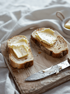 刀和开放式三明治配烤面包和黄油