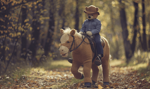 卡通可爱教育摄影照片_泰迪熊在森林里骑马