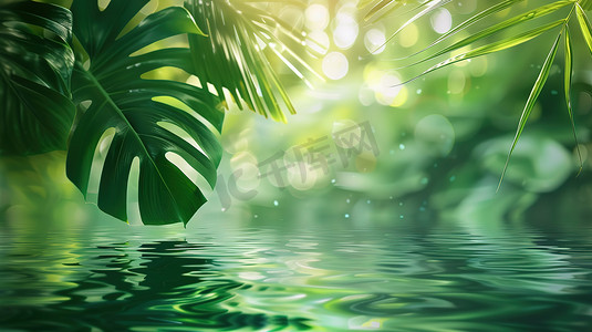 国风高清背景摄影照片_水上的热带树叶背景高清图片