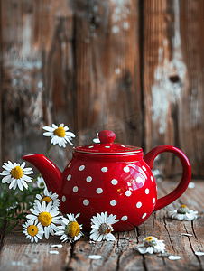 波尔卡摄影照片_木制背景上带圆点图案的红色复古茶壶带雏菊