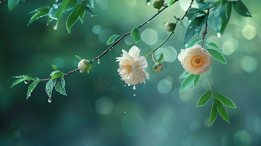 花朵水珠枝条绿叶摄影照片