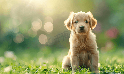 灰高级灰摄影照片_可爱的小狗与绿草散景背景高级照片
