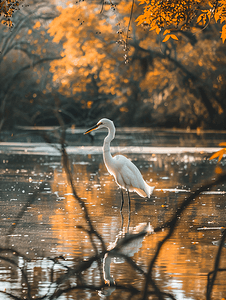 落叶草地摄影照片_秋天的早晨德克萨斯州一只白鹭站在平静的池塘里