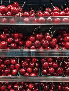水果货架摄影照片_市场货架上的樱桃